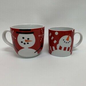 Crate & Barrel Cups Red White Snow Snowman Porcelain Made in Bangladesh Lot of 2